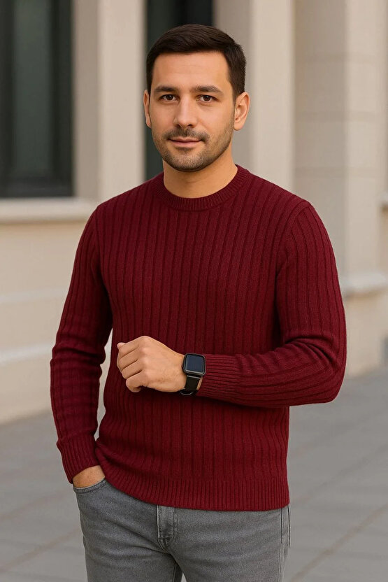 Erkek Bisiklet Yuvarlak Yaka Triko Kazak Pamuklu Kalın Fitilli Dokuma, Regular Fit Uzun Kollu Kışlık