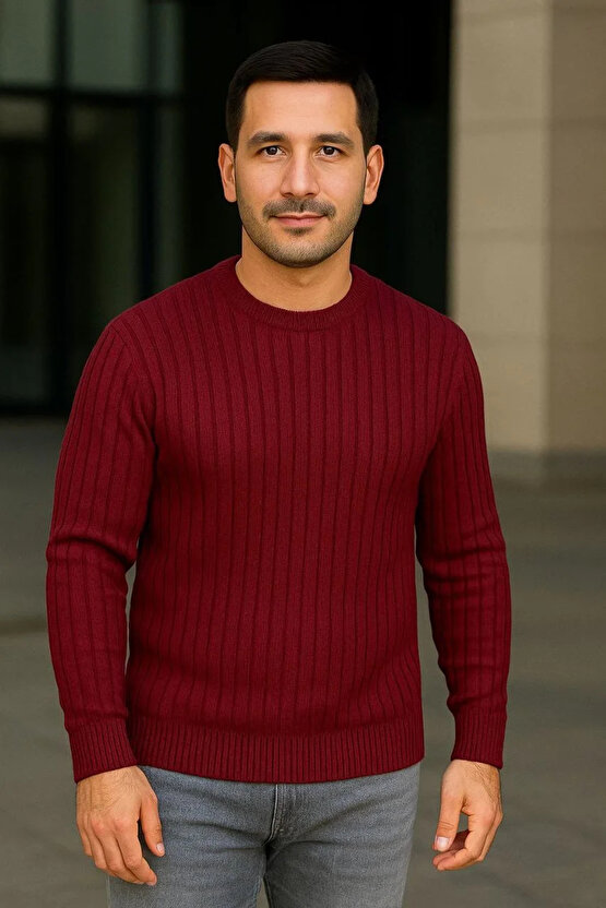 Erkek Bisiklet Yuvarlak Yaka Triko Kazak Pamuklu Kalın Fitilli Dokuma, Regular Fit Uzun Kollu Kışlık