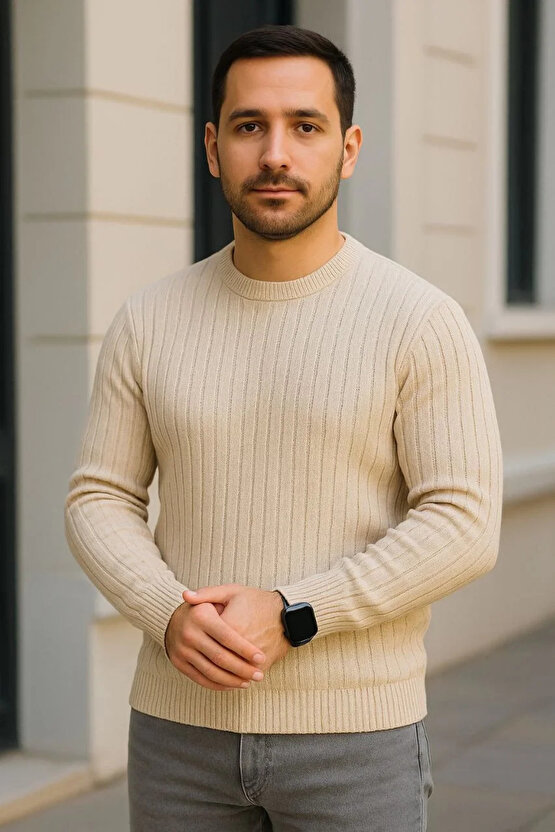 Erkek Bisiklet Yuvarlak Yaka Triko Kazak Pamuklu Kalın Fitilli Dokuma, Regular Fit Uzun Kollu Kışlık