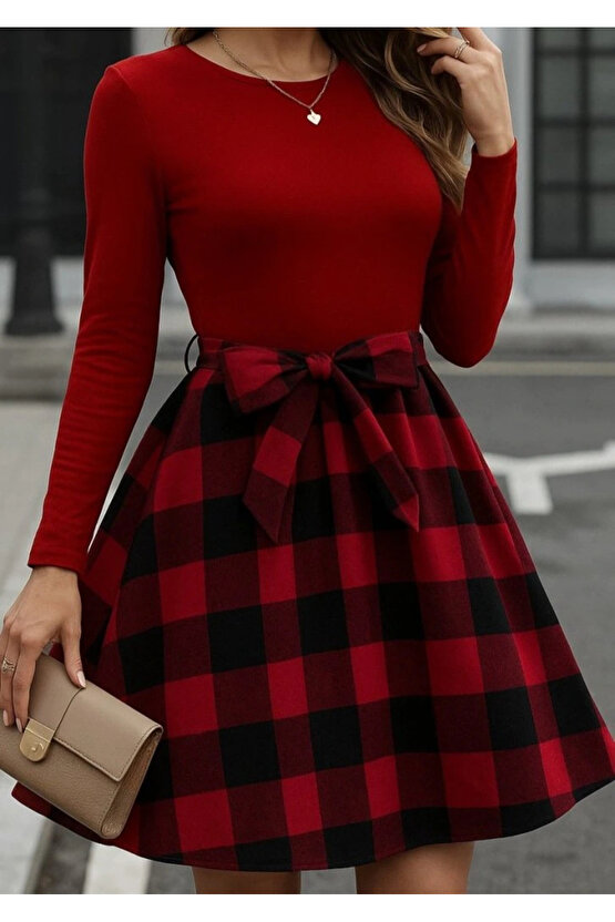 Kadın Uzun Kollu Bisiklet Yaka üst Viskon Alt Ekose Kısa Elbise