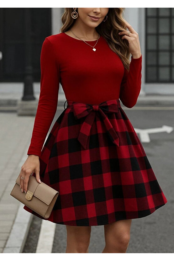 Kadın Uzun Kollu Bisiklet Yaka üst Viskon Alt Ekose Kısa Elbise