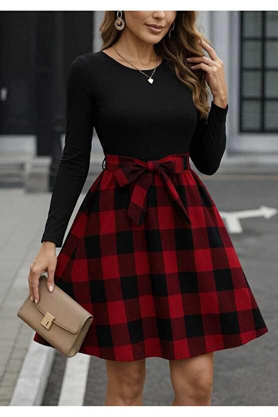 Kadın Uzun Kollu Bisiklet Yaka üst Viskon Alt Ekose Kısa Elbise