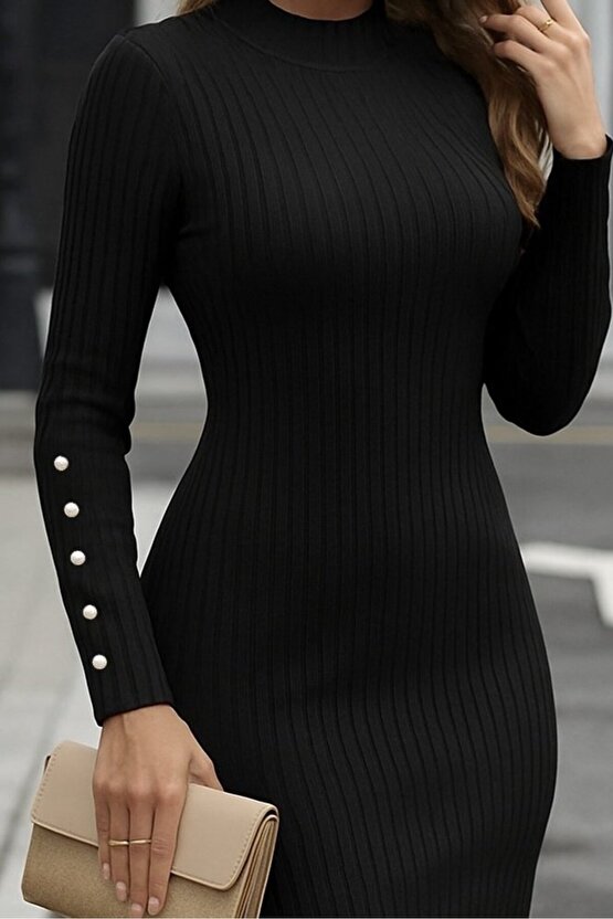 EQURİ Kadın Uzun Kollu Yarı Balıkçı Yaka Kollar Düğme Detaylı Kısa şardonlu Kaşkorse Elbise