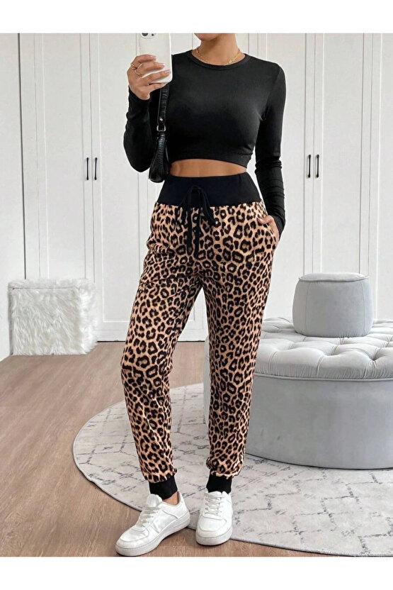 Kadın Yüksek Bel Bağcıklı Desenli Iki Iplik Pantolon