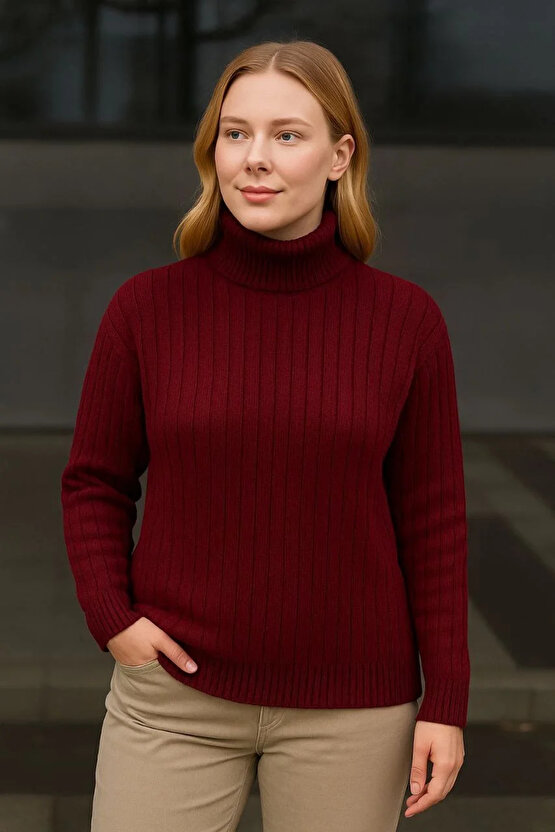 Kadın Balıkcı Yaka Bağazlı Triko Kazak Pamuklu Kalın Fitilli Dokuma - Bordo
