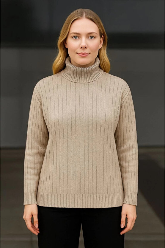 Balıkcı Yaka Bağazlı Triko Kazak Pamuklu Kalın Fitilli Dokuma - Bej