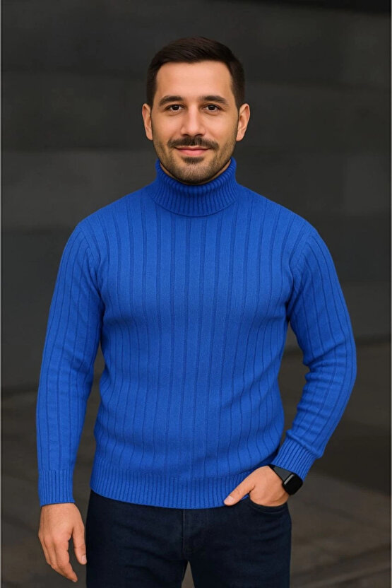 Erkek Balıkcı Yaka Bağazlı Triko Kazak Pamuklu Kalın Fitilli Dokuma, Regular Fit Uzun Kollu Kışlık M