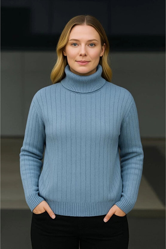 Balıkcı Yaka Bağazlı Triko Kazak Pamuklu Kalın Fitilli Dokuma - Bebek Mavisi