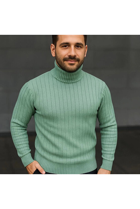 Erkek Balıkcı Yaka Bağazlı Triko Kazak Pamuklu Kalın Fitilli Dokuma, Regular Fit Uzun Kollu Kışlık M