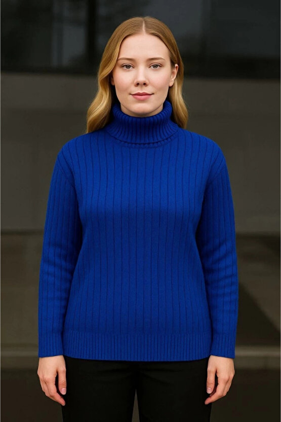 Balıkcı Yaka Bağazlı Triko Kazak Pamuklu Kalın Fitilli Dokuma - Saks Mavisi