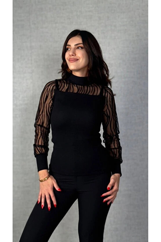 Kadın Uzun Kollu Bisiklet Yaka Kolları Tül Detay Kaşkorse Kumaş Bluz