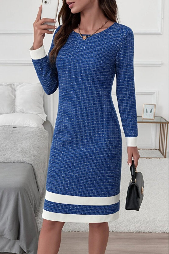 Kadın Uzun Kollu Yuvarlak Yaka Etek Ucu şerit Detaylı Mini Dokuma Elbise