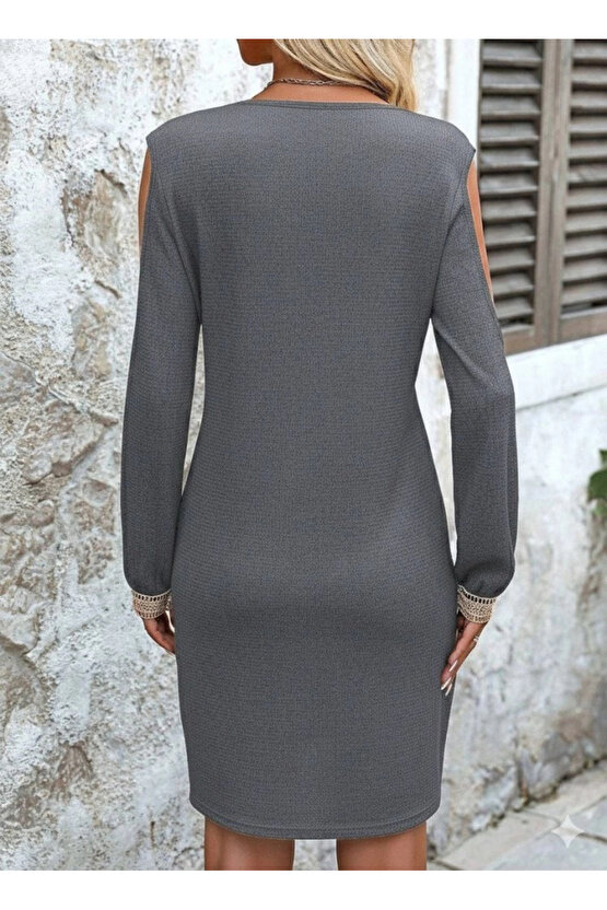 MDB Kadın Uzun Kollu Omuzdan Açık V Dantel Yakalı Mini Waffle Elbise