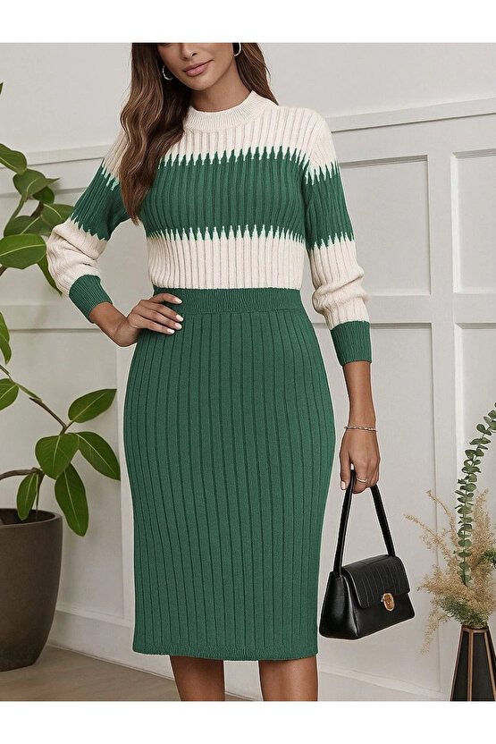 Kadın Uzun Kollu Triko Etekli Takım