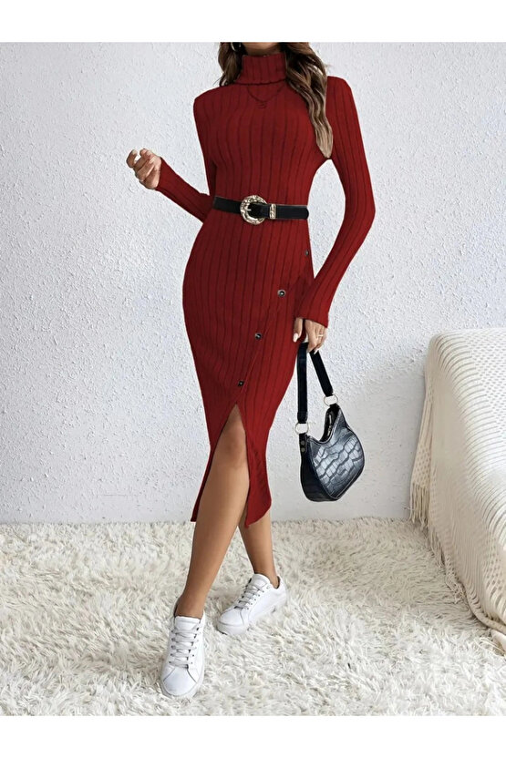 Kadın Uzun Kollu Balıkçı Yaka Yırtmaçlı Düğmeli şardonlu Kaşkorse Elbise