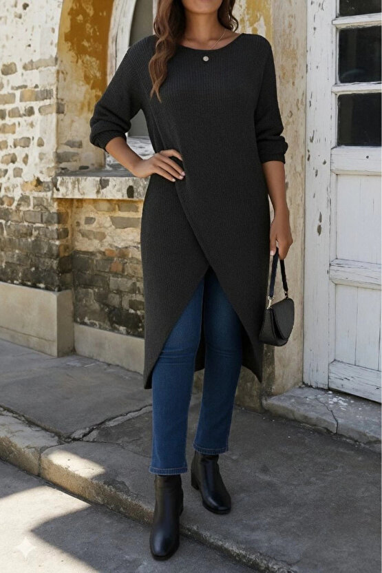 Kadın Uzun Kollu Bisiklet Yakalı önden çapraz Kesim Detaylı Midi Triko Elbise