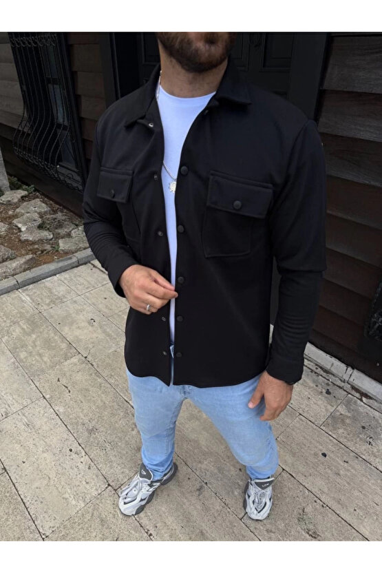 Erkek Diagonal Kumaş Cepli Çıtçıtlı Uzun Kollu, Gömlek Oversize Rahat Kalıp Günlük Şık Stil - Siyah