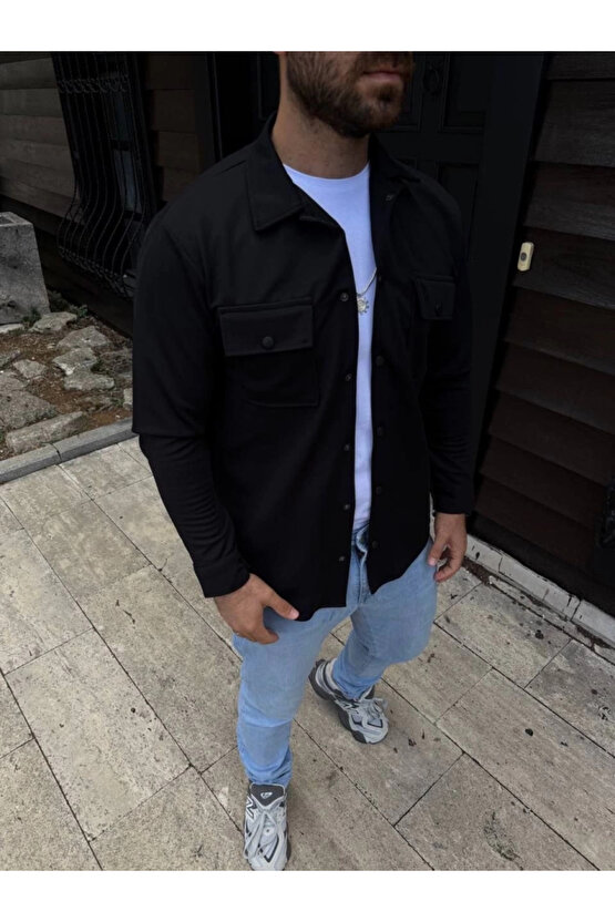 Erkek Diagonal Kumaş Cepli Çıtçıtlı Uzun Kollu, Gömlek Oversize Rahat Kalıp Günlük Şık Stil - Siyah