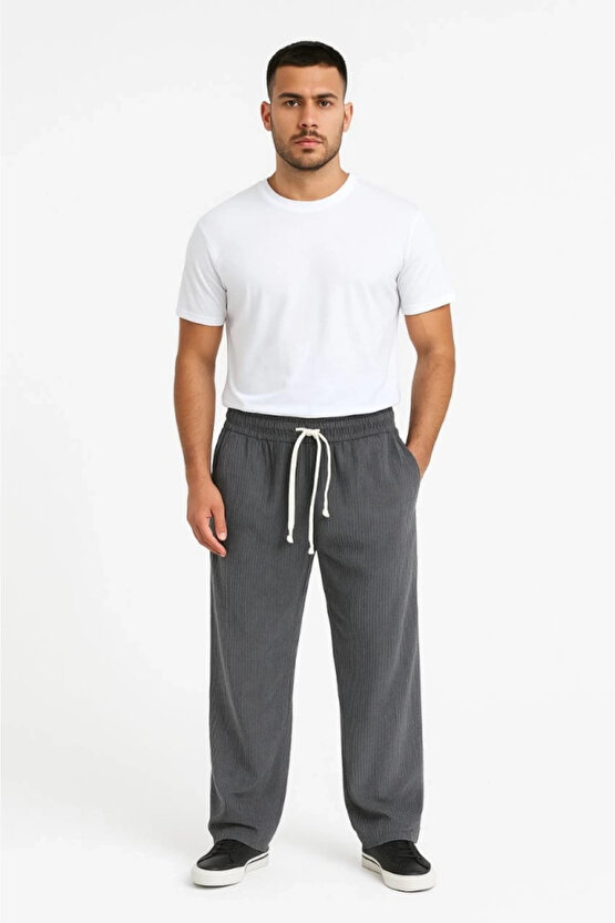 Erkek Fitilli Kadife Cepli Buggy Pantolon Oversize Rahat Kalıp - Füme