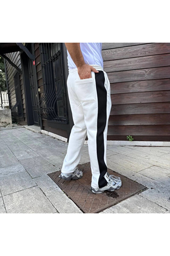 Erkek Üç İplik Kışlık Pamuklu Yandan Garneli Kalın Şeritli Cepli Eşofman Altı - Beyaz