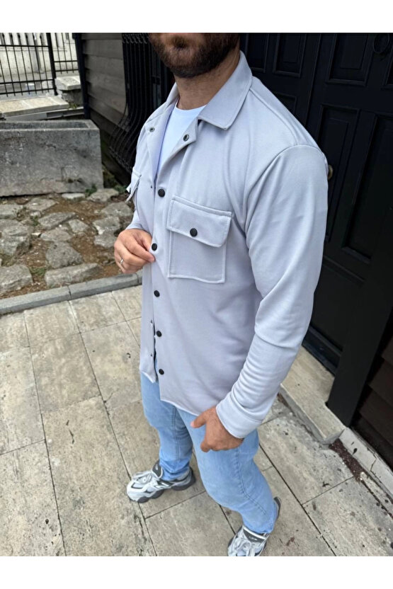 Erkek Diagonal Kumaş Cepli Çıtçıtlı Uzun Kollu, Gömlek Oversize Rahat Kalıp Günlük Şık Stil - Gri