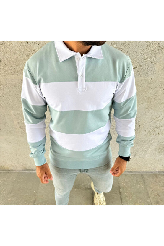 EQURİ Erkek Polo Yaka Uzun Kollu Çizgili Sweatshirt Trend Rugby Stil - Çağla Yeşili