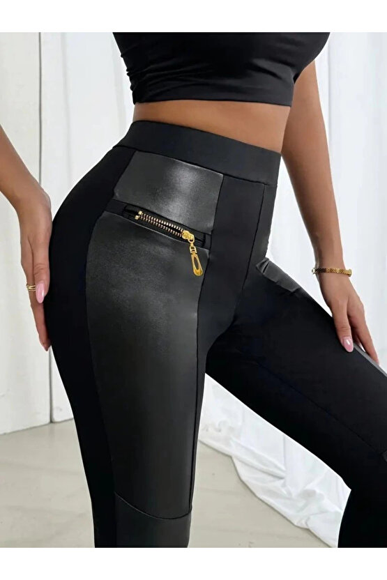 Kadın Yüksek Bel Yan şerit Deri Detay Fermuarlı Dalgıç Tayt