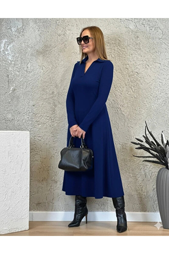 Kadın Uzun Kollu Yakalı Midi Viskon Iki Iplik Elbise