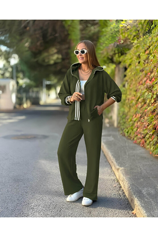 EQURİ Kadın Uzun Kollu Kapşonlu Onu şerit Detaylı Fermuarlı Viskon Iki Iplik Bluz Ve Pantolon Ikili