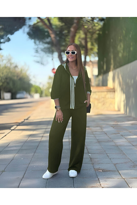 EQURİ Kadın Uzun Kollu Kapşonlu Onu şerit Detaylı Fermuarlı Viskon Iki Iplik Bluz Ve Pantolon Ikili