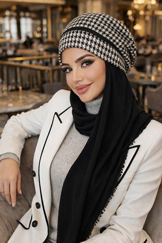 Siyah Beyaz Kazayağı Tesettür Bere Şal