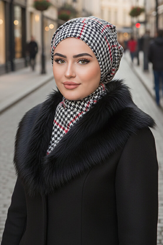 Kırmızı Siyah Kazayağı Tesettür Bere ve Etol Takım