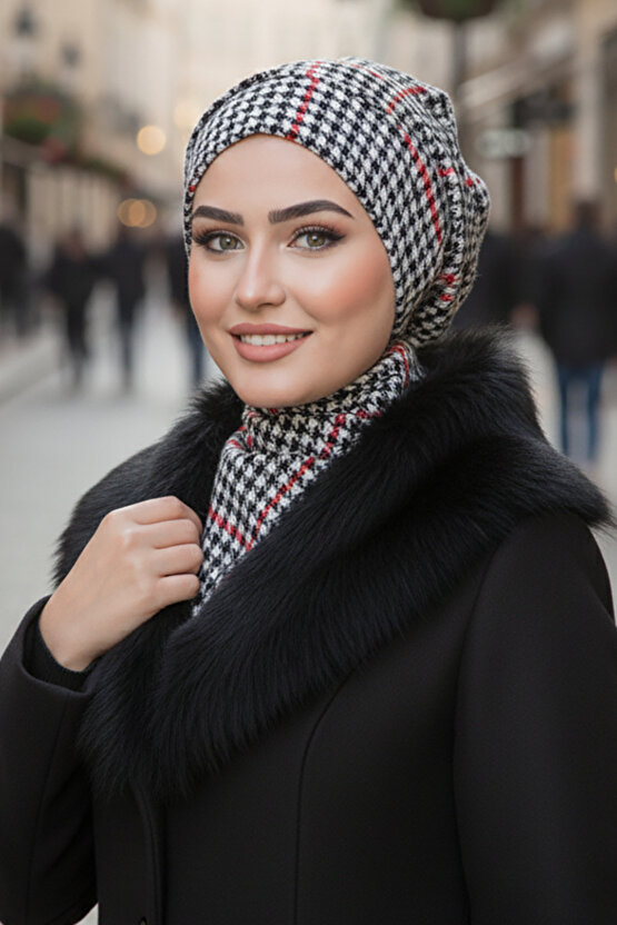 Kırmızı Siyah Kazayağı Tesettür Bere ve Etol Takım