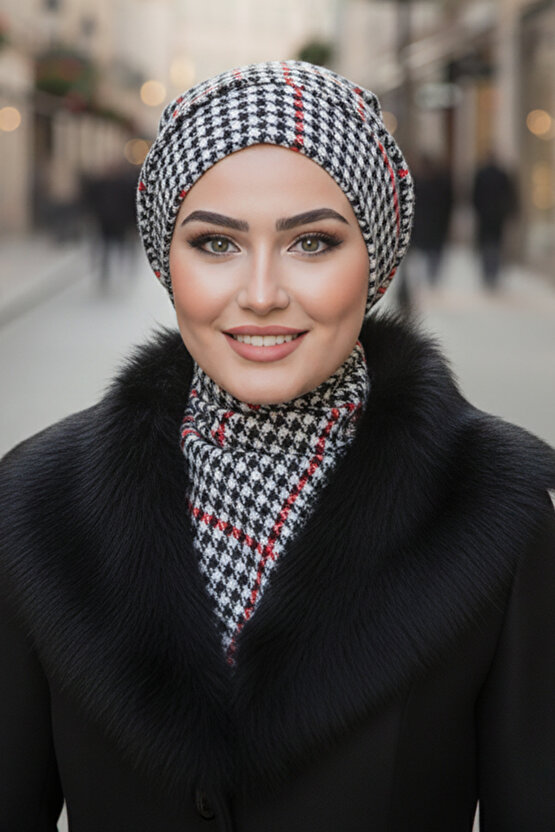 Kırmızı Siyah Kazayağı Tesettür Bere ve Etol Takım