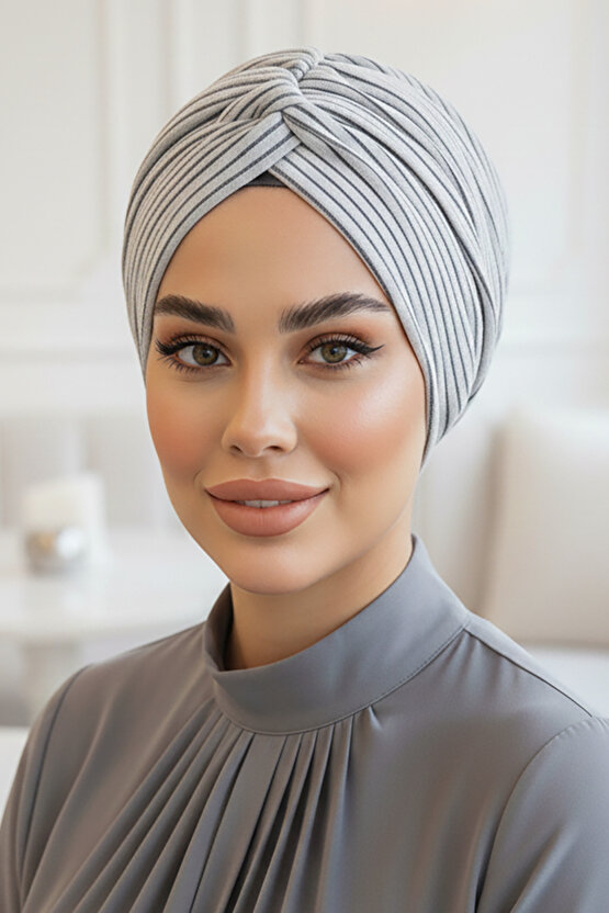 Gri Çizgili Büzgülü Salaş Bone