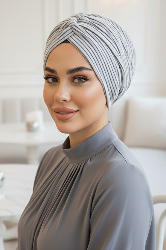 Gri Çizgili Büzgülü Salaş Bone