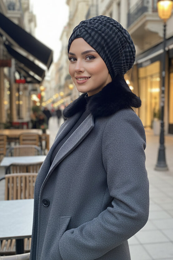 Füme Siyah Çizgili Büzgülü Salaş Bone