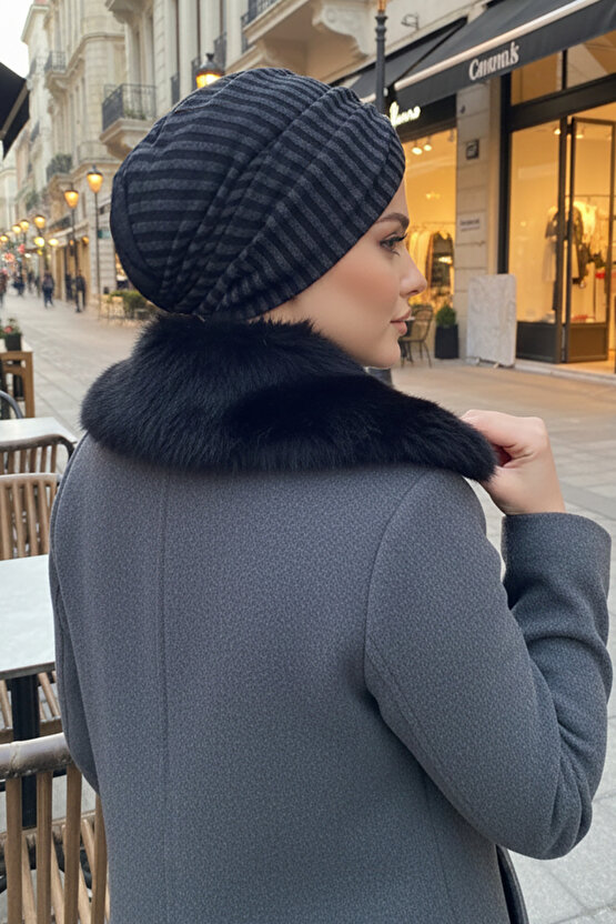 Füme Siyah Çizgili Büzgülü Salaş Bone