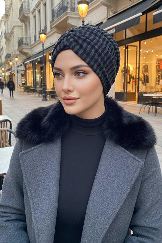 Füme Siyah Çizgili Büzgülü Salaş Bone