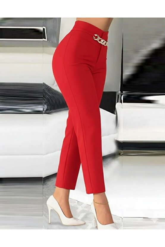 Kadın Yüksek Bel önden Zincir Detaylı Ithal Krep Pantolon