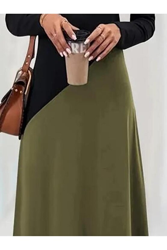 EQURİ Kadın Uzun Kollu V Yakalı Blok Desenli Viskon Elbise