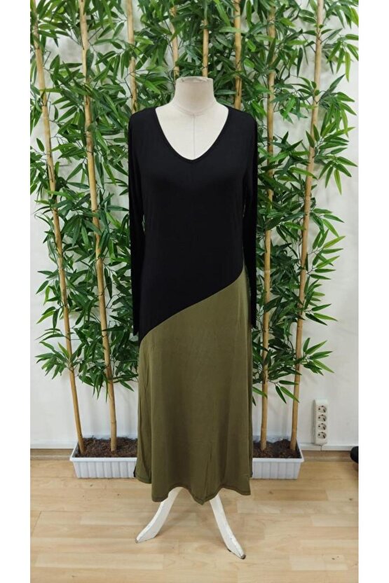 EQURİ Kadın Uzun Kollu V Yakalı Blok Desenli Viskon Elbise