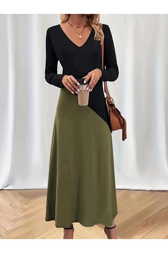 EQURİ Kadın Uzun Kollu V Yakalı Blok Desenli Viskon Elbise