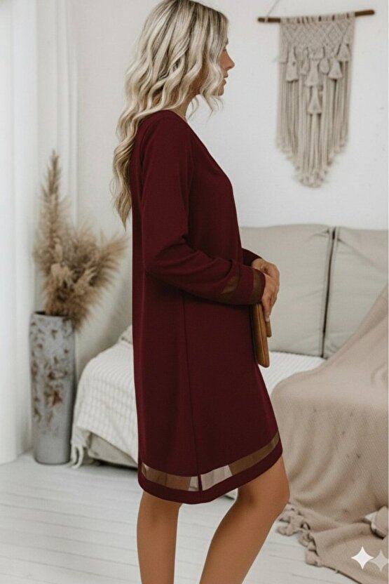 Kadın Uzun Kollu V Yakalı Tül şerit Detaylı Mini Krep Elbise