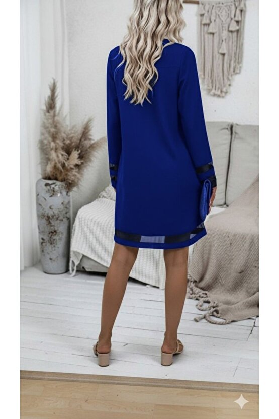 EQURİ Kadın Uzun Kollu V Yakalı Tül şerit Detaylı Mini Krep Elbise