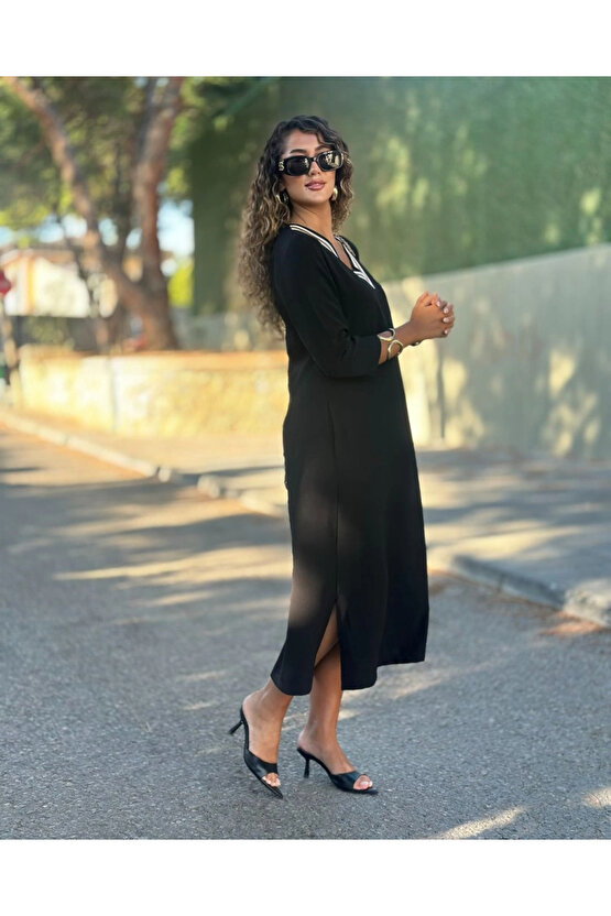 EQURİ Kadın Uzun Kollu V şerit Yakalı Viskon Iki Iplik Elbise