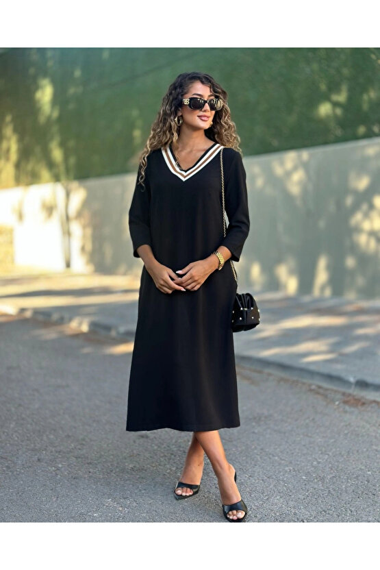 EQURİ Kadın Uzun Kollu V şerit Yakalı Viskon Iki Iplik Elbise