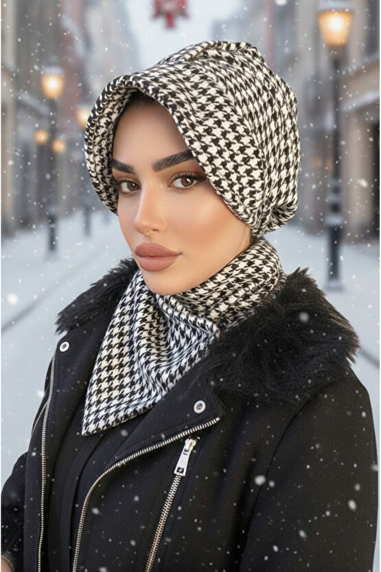 Siyah Kazayağı Kaşe Şapkalı Bone Ve Etol Takım