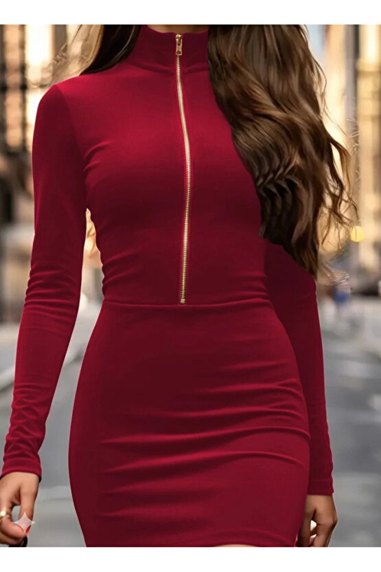 Kadın Uzun Kollu Balıkçı Yaka Yakadan Göğüse Kadar Fermuar Detaylı Mini Kadife Elbise