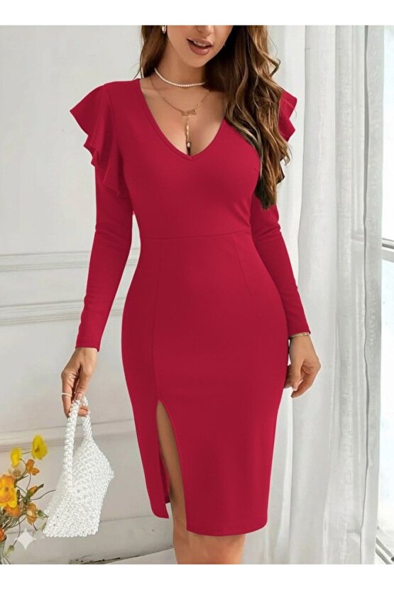 EQURİ Kadın Uzun Kollu V Yakalı Yandan Yırtmaçlı Midi Ithal Krep Elbise